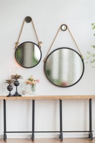 19.5" in Handsome Cleveland Mirror with Rope Strap Contemporary Design Circle Mirror with Grey Round Metal Frame