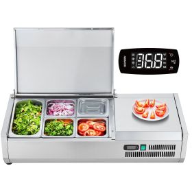 Refrigerated Condiment Prep Station, 130 W Countertop Refrigerated Condiment Station, with 1 1/3 Pan & 4 1/6 Pans, 304 Stainless