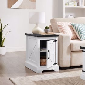 Farmhouse end table Nightstand Rectangular Farmhouse End Table with Barn Door and Adjustable Storage Shelf, Rustic Sofa Side Table for Living Roo