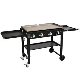 Commercial Griddle On Cart, 36' Heavy Duty Manual Flat Top Griddle, Outdoor Cooking Station With Side Shelves, Steel Natural Gas Griddle, 4-Burner (Option: Food Service)