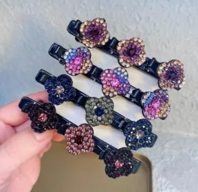 Sparkling Crystal Stone Braided Hair Clips, Four-Leaf Clover Chopped Hairpin Duckbill Clip, Braided Hair Clip With Rhinestones For Women/Girls (Option: Black)