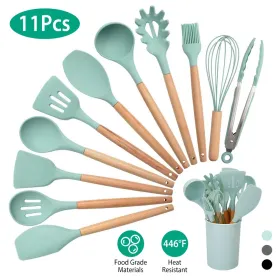 11Pcs Silicone Cooking Utensil Set Heat Resist Wooden Handle (Option: LightGreen)