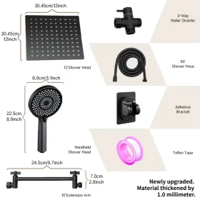 12-inch High-flow Square-shaped Design Shower Head Set, Water-saving High-pressure Rain Head For Smooth Flow, 11-inch Adjustable Arm For Comfort (Option: matteblack)