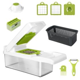 1Set 12 In 1 Vegetable Chopper With Container Kitchen Food Slicer Dicer Grater Peeler and more (Option: Green White)