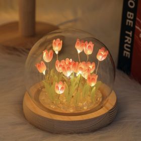 1pc Tulips Gifts; Artificial Decor In Glass Dome With Led Light Night (Color: 10 Finished Pink Tulips)